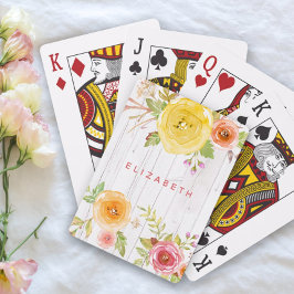 Blommigt rosa gult, vattenfärg, vitt trä casinokort