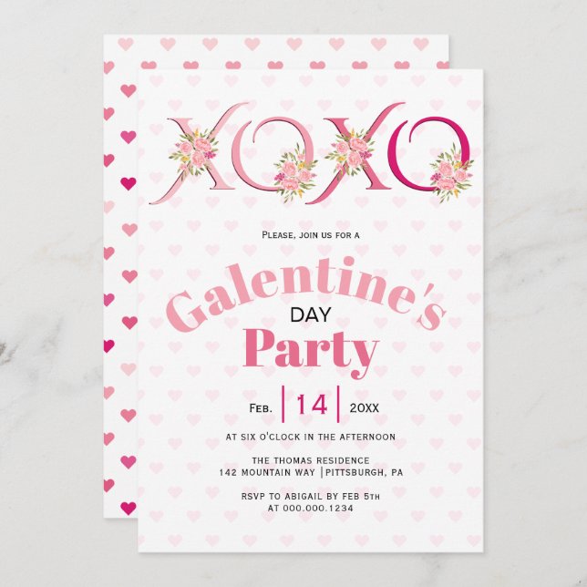 Blommigt rosa HOHO hjärtan Galentines Day party Inbjudningar (Fram/baksida)
