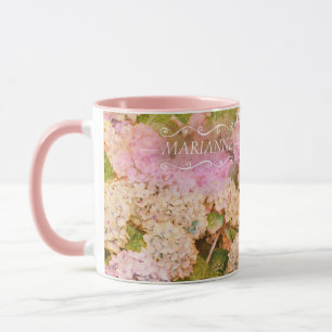 Blommigt Rosa Hydrangea Monogram Namn Script Mugg