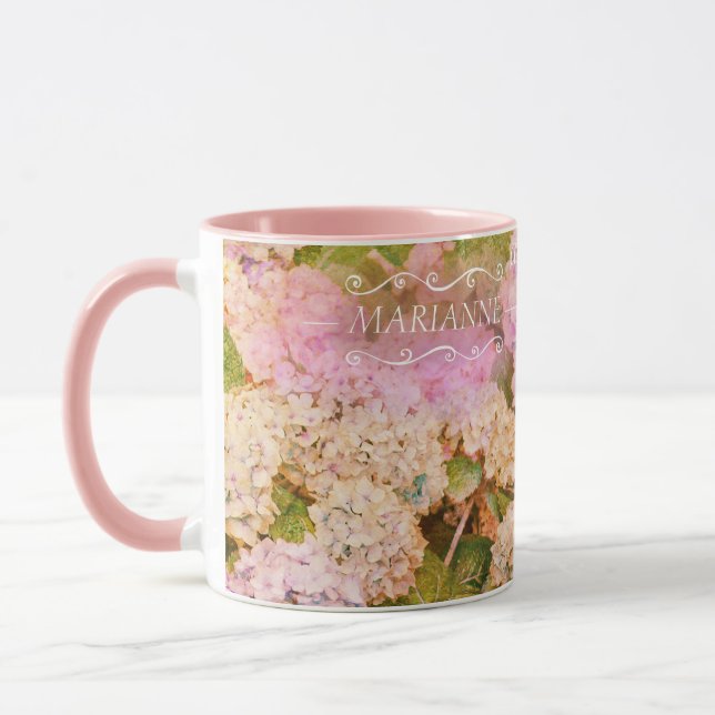 Blommigt Rosa Hydrangea Monogram Namn Script Mugg (Vänster)