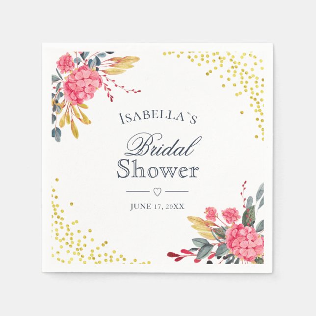 Blommigt Rosa Hydrangeas Faux Guld Möhippa Pappersservett (Framsidan)