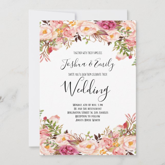 Blommigt Rosa  inbjudan till Peony Wedding (Framsida)