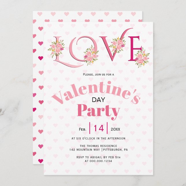 Blommigt rosa KÄRLEK hjärta Valentines day party Inbjudningar (Fram/baksida)