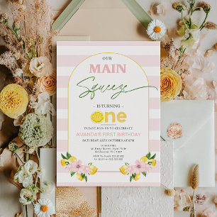 Blommigt Rosa Lemon Main Squeeze 1:a födelsedagen Inbjudningar
