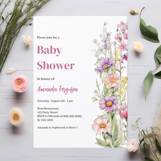 Blommigt rosa lila Baby Shower Inbjudningar (Skapare uppladdad)