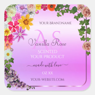 Blommigt Rosa Lila Gradient Product Label Monogram Fyrkantigt Klistermärke