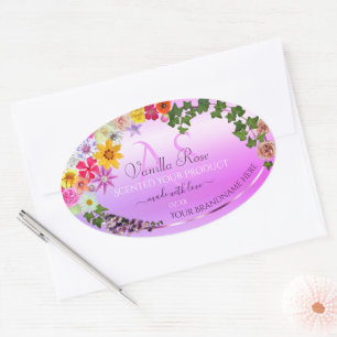 Blommigt Rosa Lila Gradient Product Label Monogram Ovalt Klistermärke