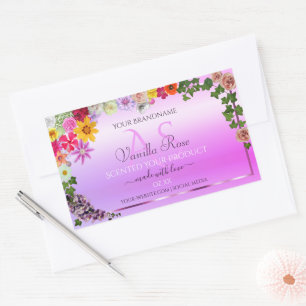 Blommigt Rosa Lila Gradient Product Label Monogram Rektangulärt Klistermärke
