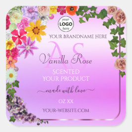 Blommigt Rosa Lila Product Label Monogram och Logo Fyrkantigt Klistermärke