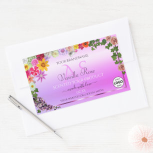 Blommigt Rosa Lila Product Label Monogram och Logo Rektangulärt Klistermärke
