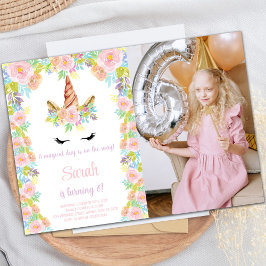 Blommigt Rosa lila Unicorn Birthday Photo Inbjudningar