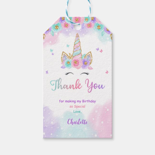 Blommigt Rosa & Lila Unicorn Gift Märkres Presentetikett (Framsidan)