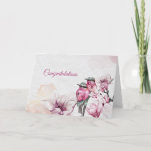 Blommigt Rosa Magnolia Birds Bröllop Grattis Kort