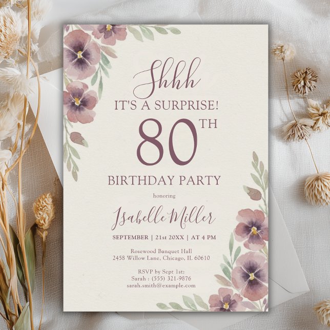Blommigt Rosa Mauve Surprise 80:e födelsedagen Inbjudningar (Floral Pink Mauve Surprise 80th Birthday Invitation)