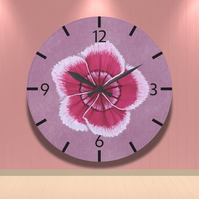 Blommigt Rosa Modern Dianthus Hand Drawn Stor Klocka (Skapare uppladdad)
