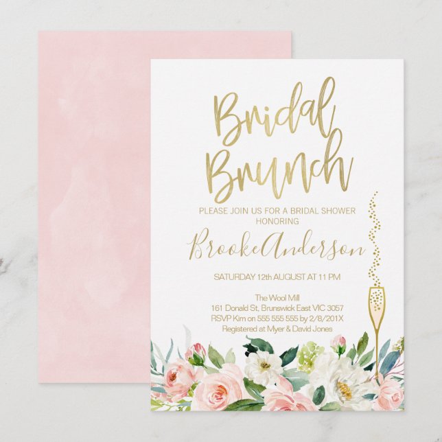 Blommigt Rosa Möhippa Brunch Inbjudningskort för m (Fram/baksida)