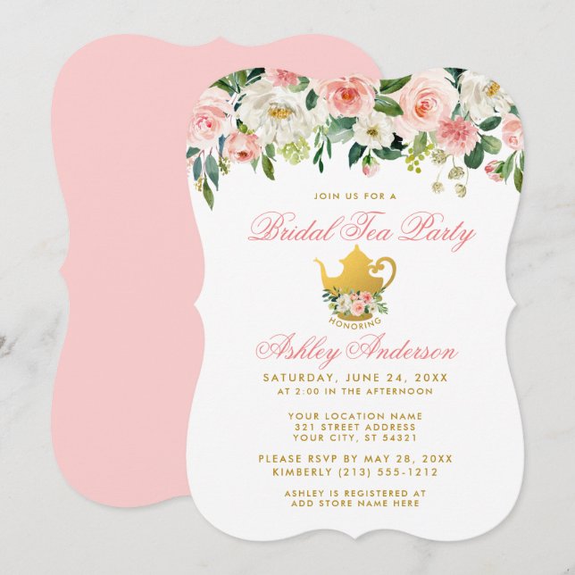 Blommigt Rosa Möhippa Tea Party Inbjudan Guld (Fram/baksida)