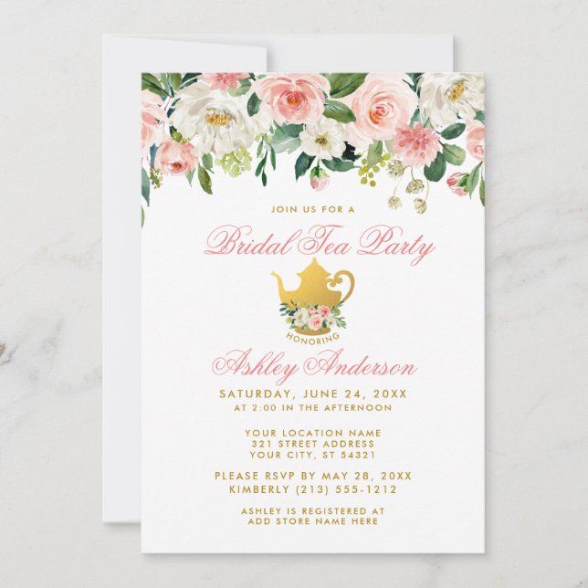 Blommigt Rosa Möhippa Tea Party Inbjudan Guld T (Framsida)