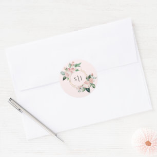  Blommigt Rosa Monogram Bröllop Sticker Runt Klistermärke