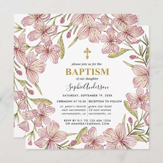 Blommigt Rosa och andnöd Baptism i Guld Inbjudningar (Fram/baksida)