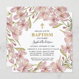 Blommigt Rosa och andnöd Baptism i Guld Inbjudningar