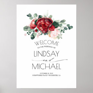 Blommigt  Rosa och Burgundy Red Bröllop Poster