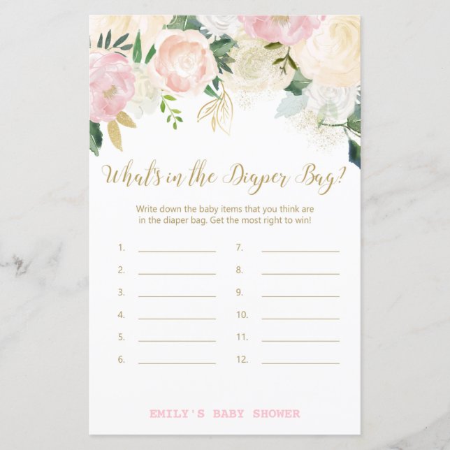 Blommigt  Rosa och Guld Baby Shower Game PRINT (Framsida)