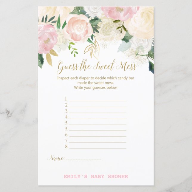 Blommigt  Rosa och Guld Baby Shower Game PRINT (Framsida)