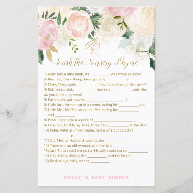 Blommigt  Rosa och Guld Baby Shower Game PRINT (Framsida)