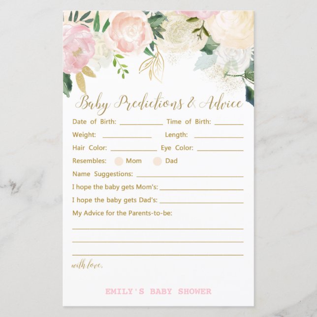 Blommigt  Rosa och Guld Baby Shower Game PRINT (Framsida)