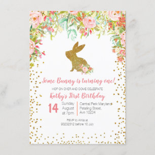 Blommigt Rosa och Guld Bunny Birthday Blommigt Inbjudningar