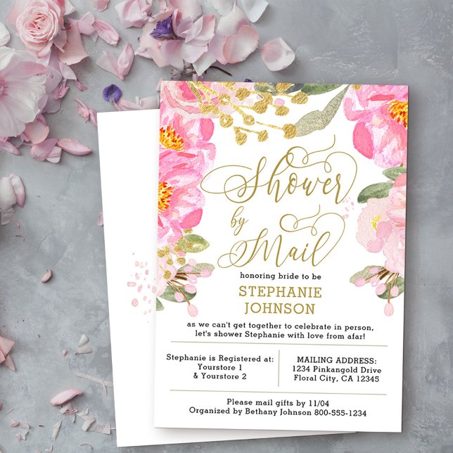 Blommigt Rosa och Guld Virtuell Möhippa per post Inbjudningar (Bridal Shower by Mail invite from my Pink and Gold Watercolor Floral Collection)