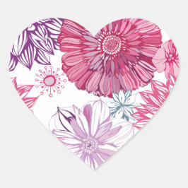 Blommigt Rosa och Lila Retro Stil Hjärtformat Klistermärke
