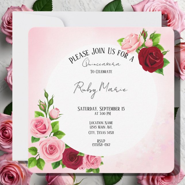 Blommigt Rosa och Röd ros Quinceanera-inbjudan Inbjudningar (Skapare uppladdad)