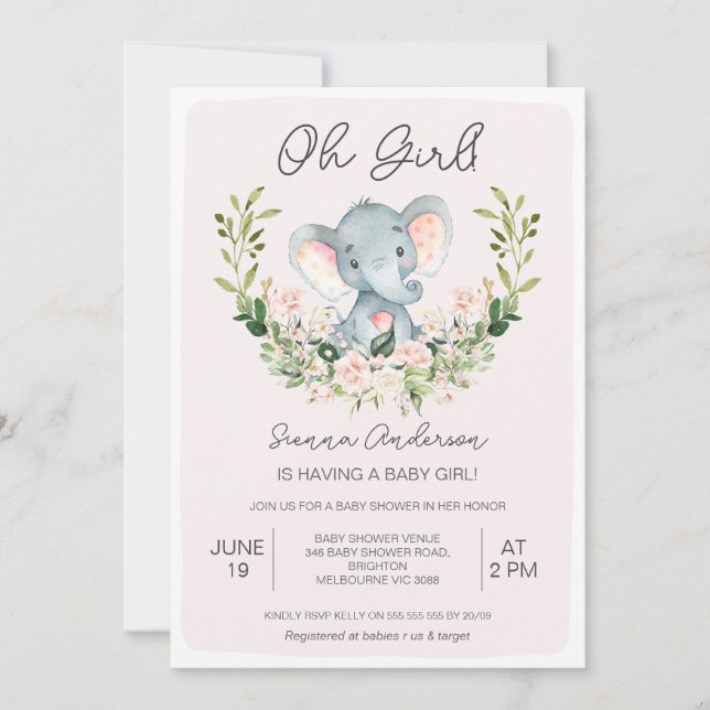 Blommigt Rosa Oh Girls Elephant Baby Shower Inbjudningar (Framsida)
