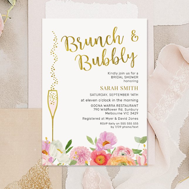 Blommigt Rosa Orange Brunch Bubly Möhippa Inbjudningar (Brunch and Bubbly Bridal Shower Invitation Card, Bright Floral Brunch Bubbly Bridal Shower Invite)