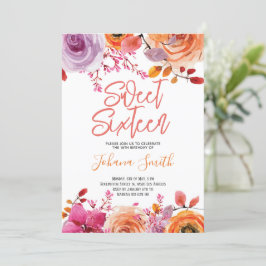 Blommigt Rosa Orange Sweet sixteen födelsedag Inbjudningar