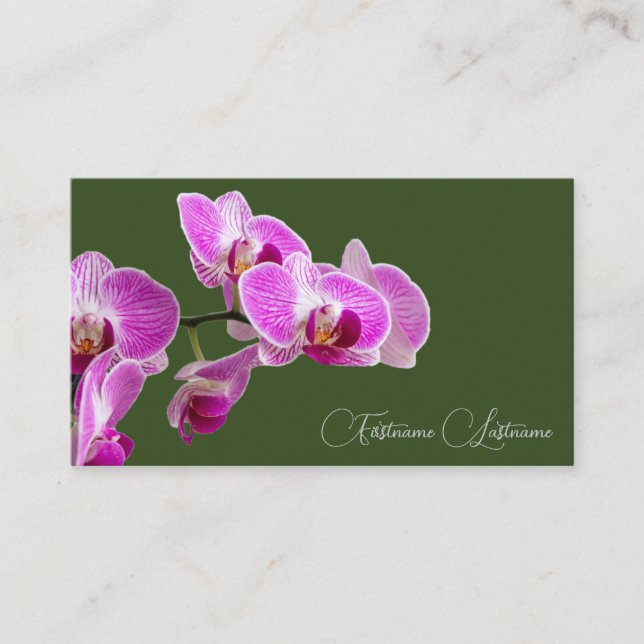 Blommigt rosa orchid blommar calligraphy mörk grön visitkort (Framsida)