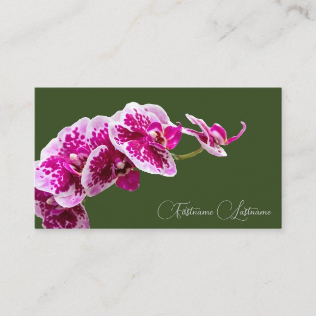 Blommigt rosa orchid blommar calligraphy mörk grön visitkort (Framsida)