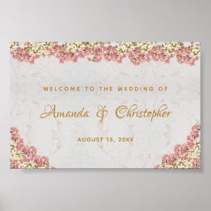 Blommigt Rosa Orchids Marble Bröllop Välkomstskylt Poster