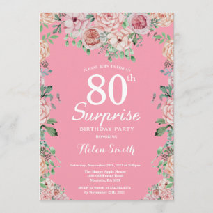 Blommigt Rosa Överrastdag 80:e födelsedagen Inbjudningar