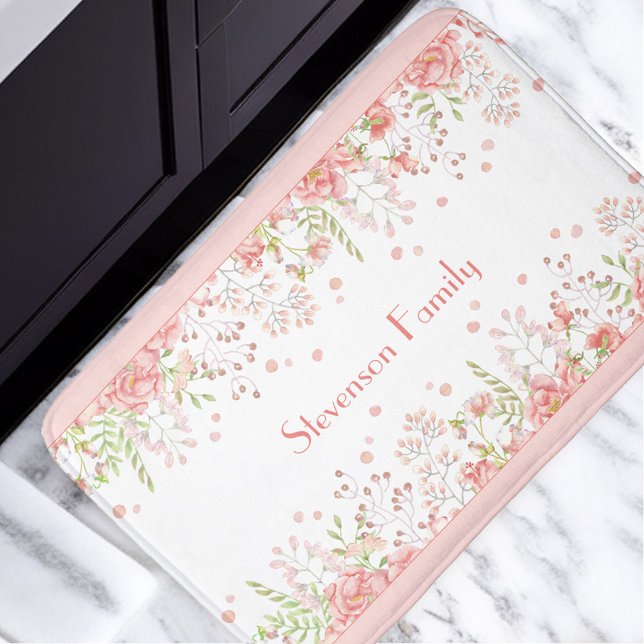 Blommigt Rosa Peach Wildblommor Family Namn Badrumsmatta (Floral Pink Peach Wildflowers Family Name Bath Mat)