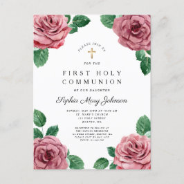 Blommigt Rosa Peonies Girl Religiösa First Communi Inbjudan Vykort