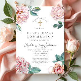Blommigt Rosa Peonies Girl Religiösa First Communi Inbjudningar