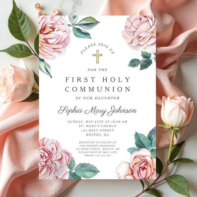 Blommigt Rosa Peonies Girl Religiösa First Communi Inbjudningar (Floral Pink Peonies Girl Religious First Communion Invitation)