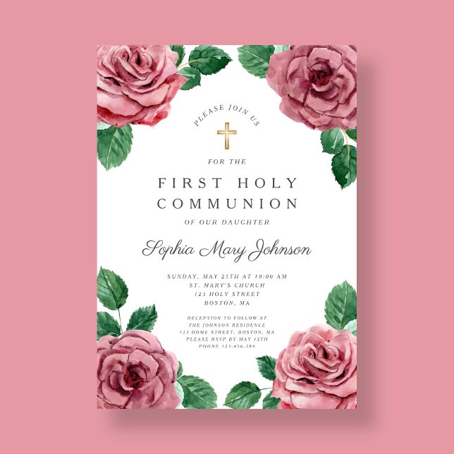 Blommigt Rosa Peonies Girl Religiösa First Communi Inbjudningar (Floral Pink Peonies Girl Religious First Communion Invitation)