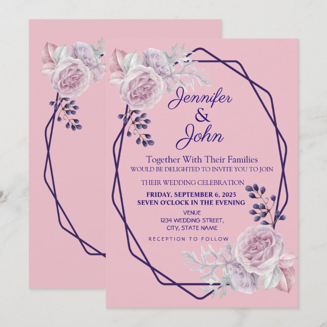 Blommigt Rosa Peonies Lila Geometric Ram Bröllop Inbjudningar (Fram/baksida)