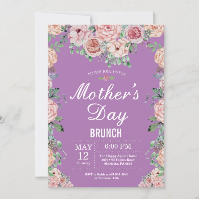 Blommigt Rosa Peonies Mors dag Brunch Inbjudan (Framsida)