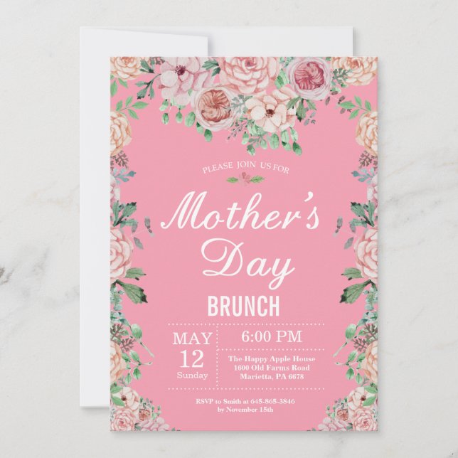 Blommigt Rosa Peonies Mors dag Brunch Inbjudan (Framsida)