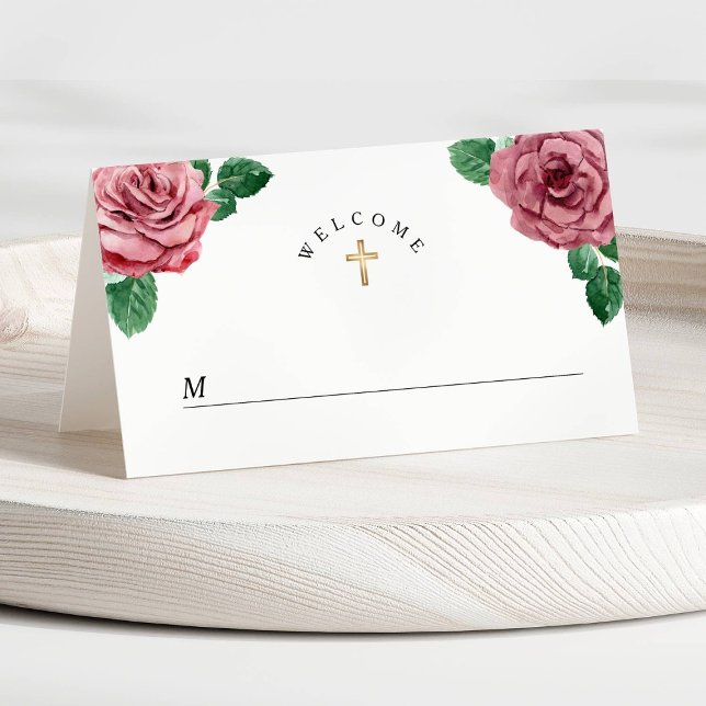 Blommigt Rosa Peonies Religiösa First Communion Placeringskort (Floral Pink Peonies Religious First Communion Place Card)